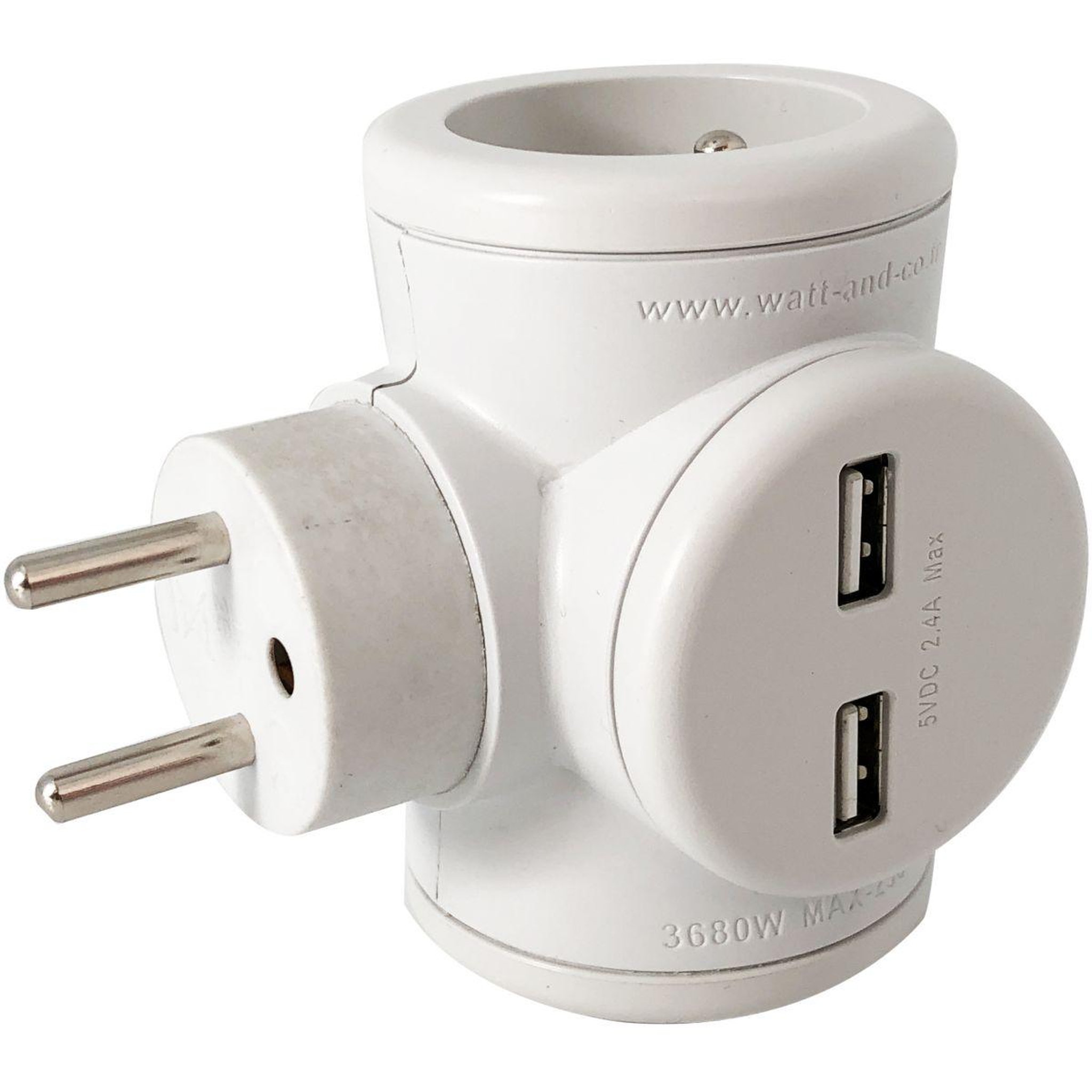 Voir la diapositive 5 : WATT AND CO Multiprise biplite 2x16a rotative + usb 2.4a blanc
