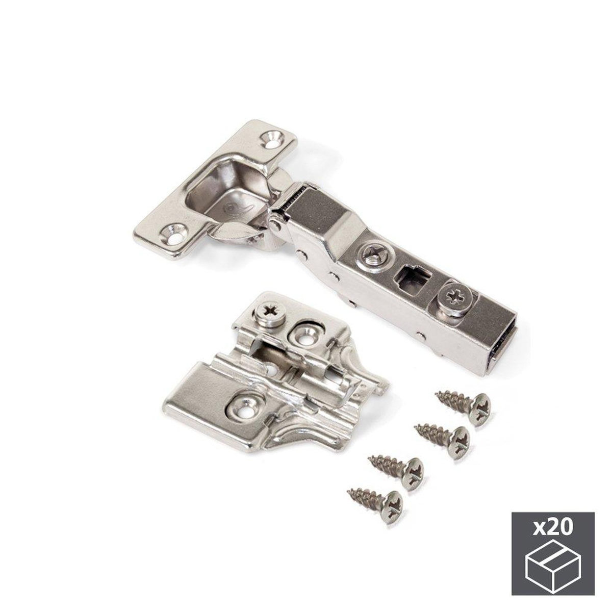 EMUCA SRL Lot de 20 charnières coudées pour montage en applique X91 avec fermeture amortieet embases avec réglage excentrique à visser