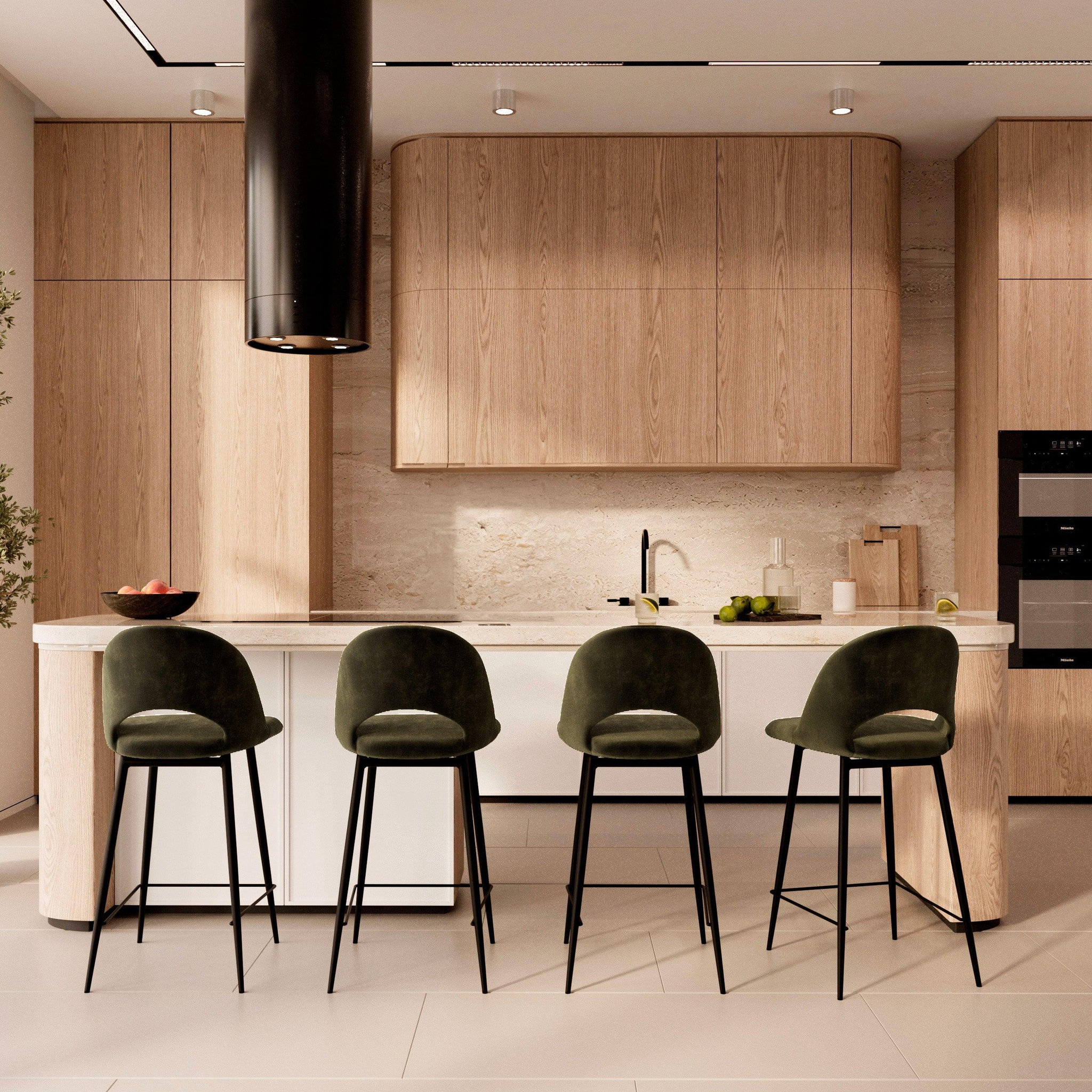 Voir la diapositive 5 : MAISON PAVANE Pack 2 chaises et 2 chaises de bar 65 cm en velours vert-pénélope