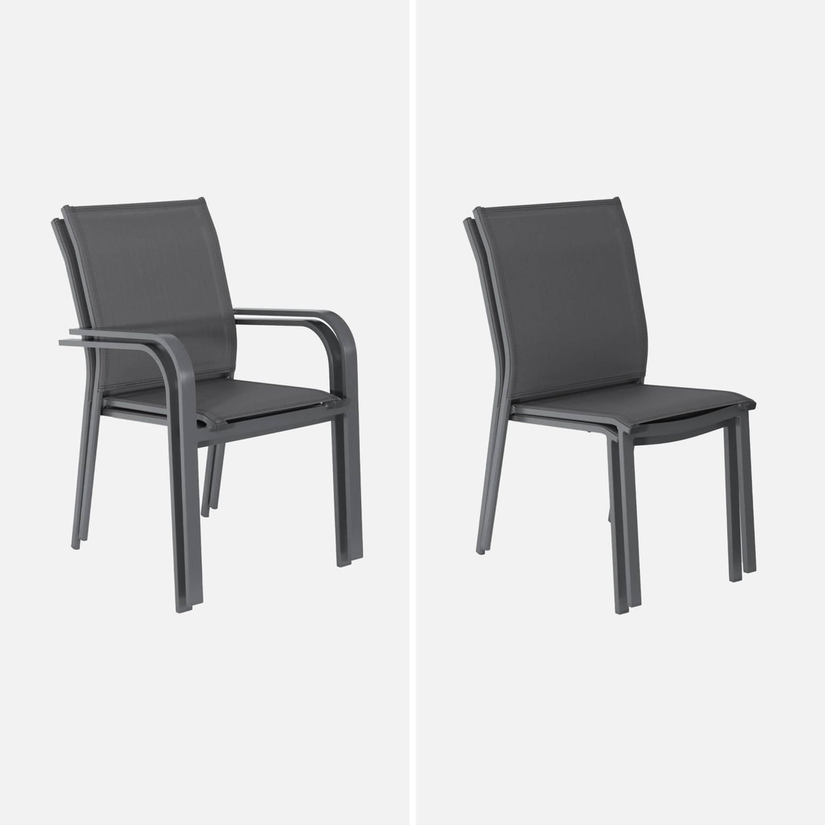 SWEEEK Table de jardin extensible aluminium + 10 assises aluminium et textilène anthracite. 8 chaises. 2 fauteuils. 10 places. 290 x 100 x 75 cm