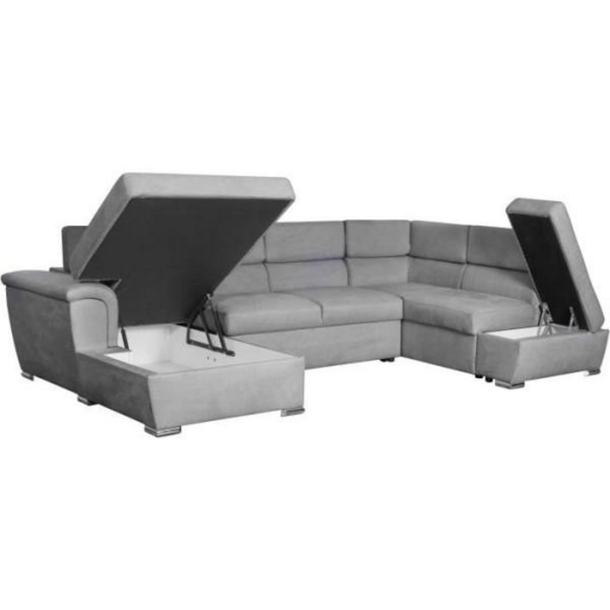 LOUNGITUDE Canapé convertible panoramique PARMA 6 places - Tissu gris clair - L322 x P196 x H76 cm