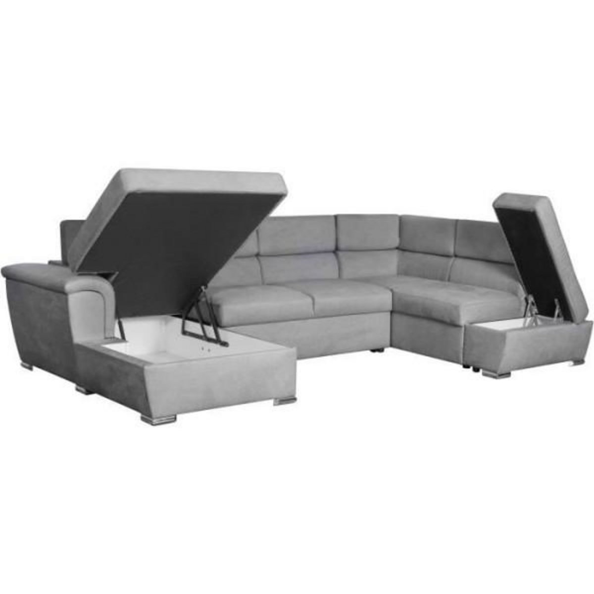 LOUNGITUDE Canapé convertible panoramique PARMA 6 places - Tissu gris clair - L322 x P196 x H76 cm