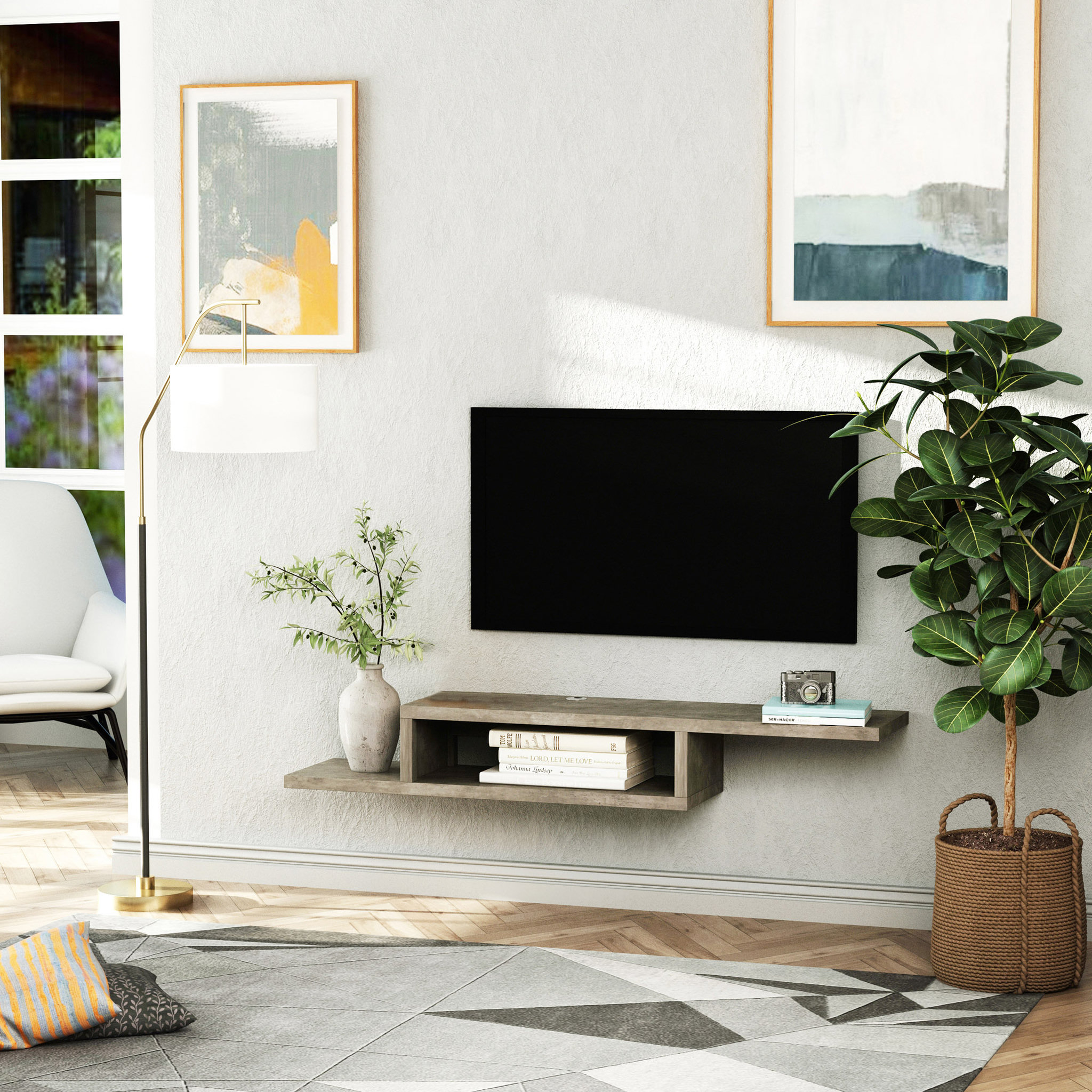 Voir la diapositive 4 : HOMCOM Meuble TV mural flottant design - étagère murale flottante - niche, passe-fils - panneaux particules effet béton ciré