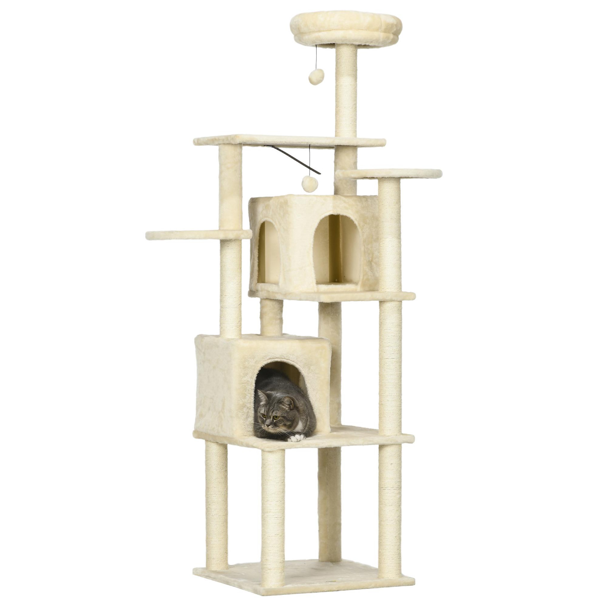 PAWHUT Arbre à chat modulable - griffoirs, 2 niches, 4 plateformes, 2 boules suspendues - peluche douce beige