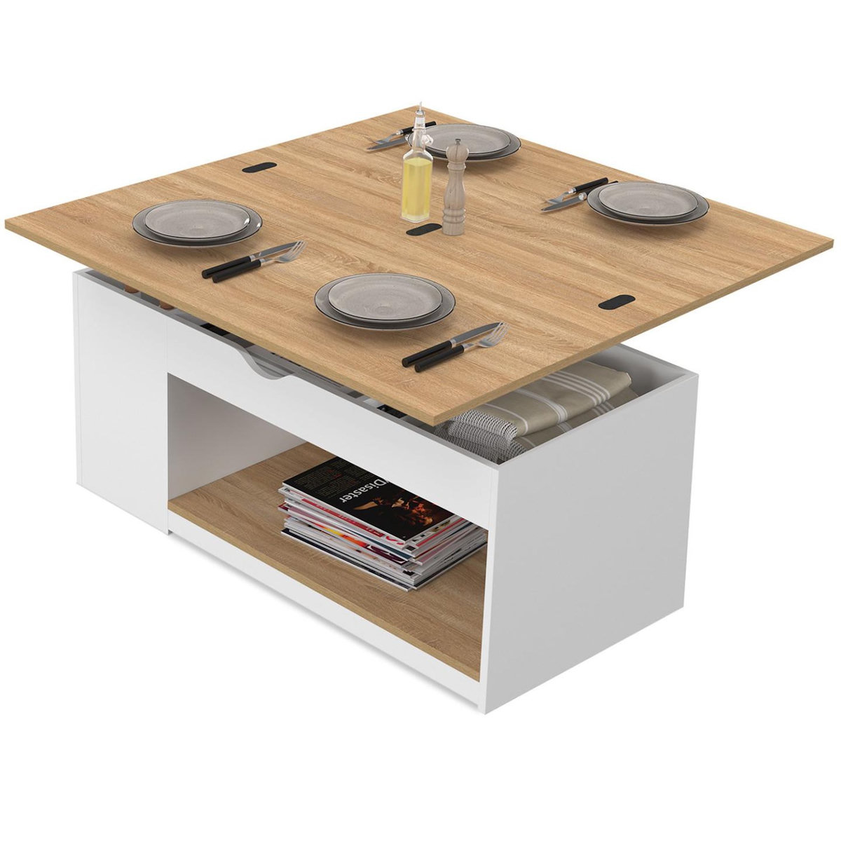 ID MARKET Table basse plateau relevable rectangulaire convertible en table à manger ELEA 100 cm bois blanc et façon hêtre