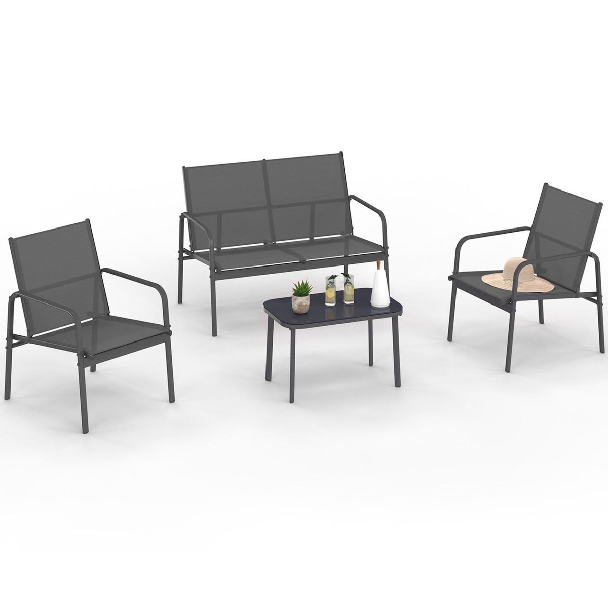 ID MARKET Salon de jardin bas TOLEDE 4 places avec canapé, fauteuils et table gris anthracite