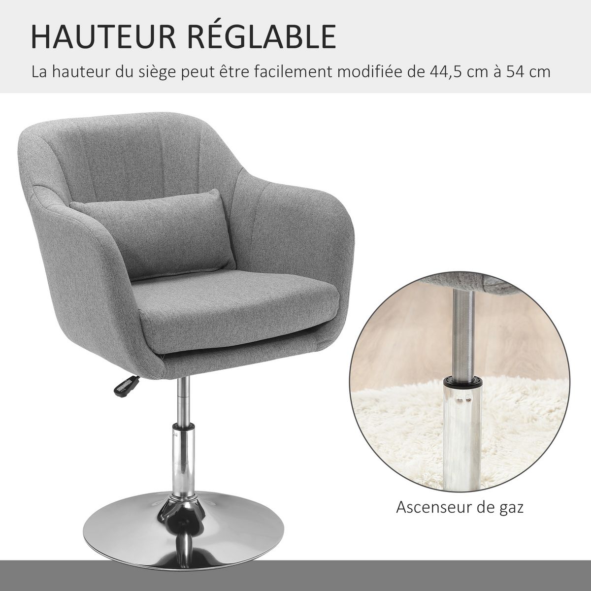 HOMCOM Fauteuil lounge design grand confort coussins lombaires hauteur réglable pivotant 360° piètement métal chromé lin gris