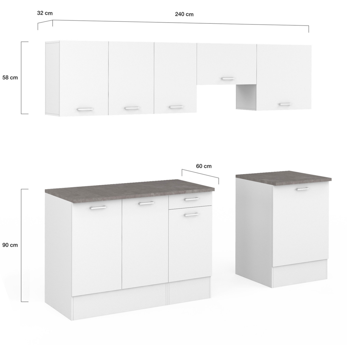 ID MARKET Cuisine complète 240 cm SUBTIL avec plan de travail 7 éléments blanc et plateaux effet béton