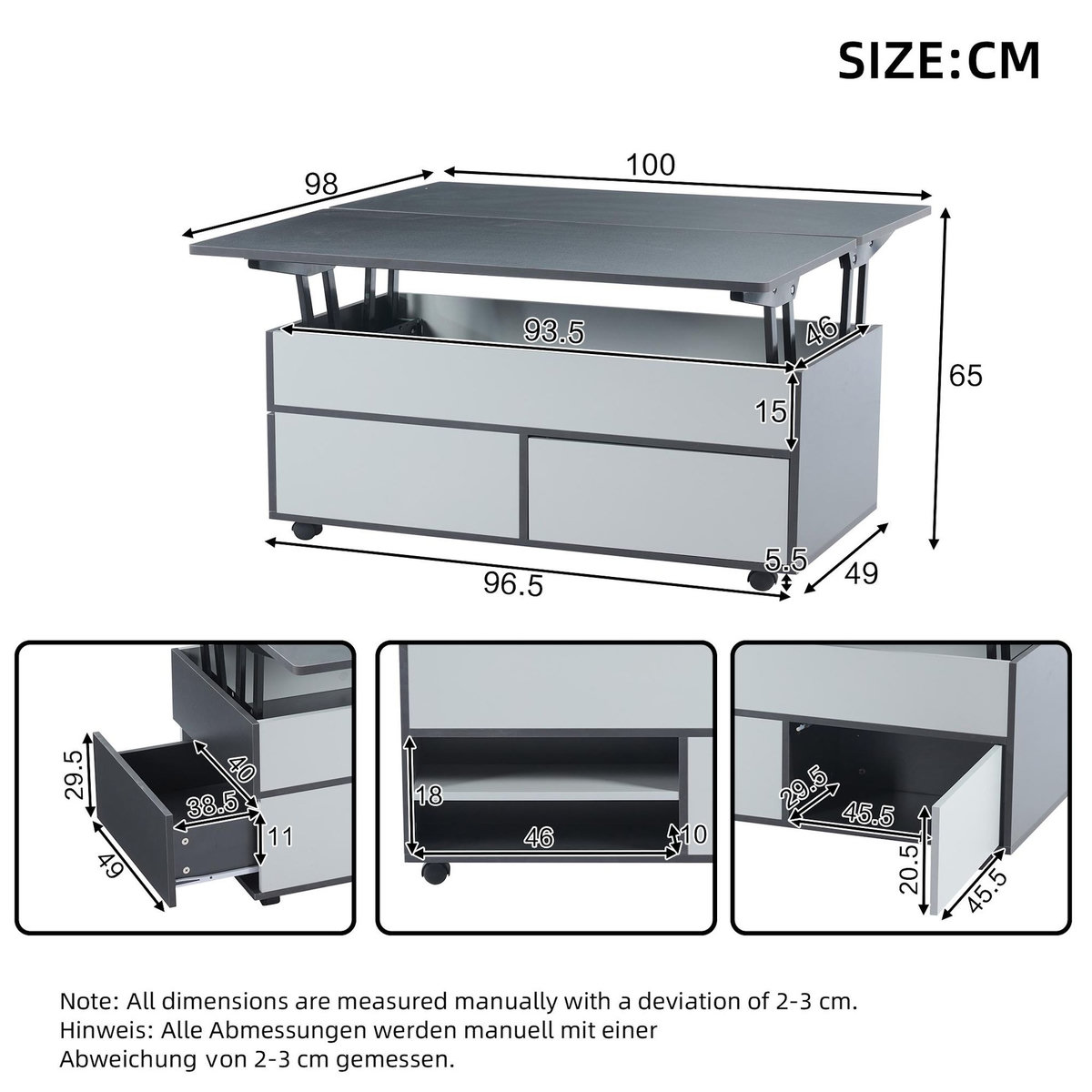 MERAX Table basse relevable rectangulaire gris - 98x100 cm panneau de particules