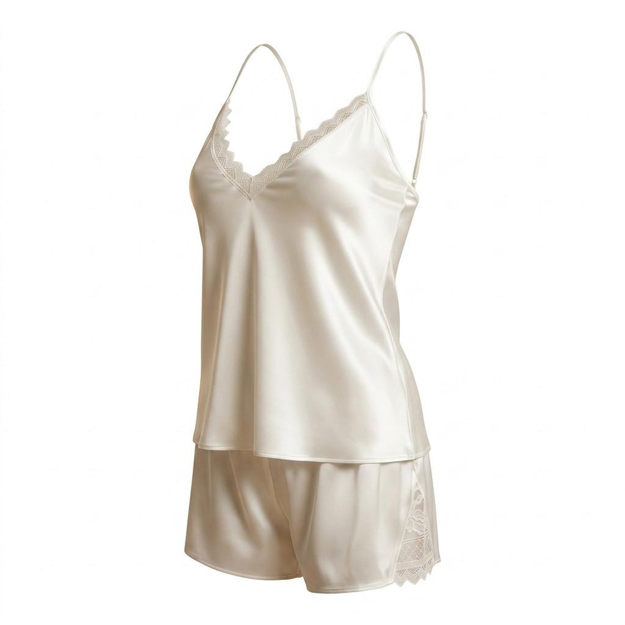 Voir la diapositive 1 : OZABI OZABI Pyjama Femme Satiné Débardeur Dentelle Col V Toucher Soie