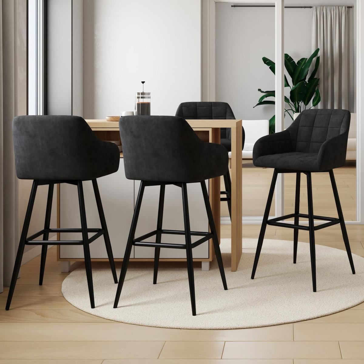 ID MARKET Lot de 4 tabourets de bar MADY avec accoudoirs en velours noir