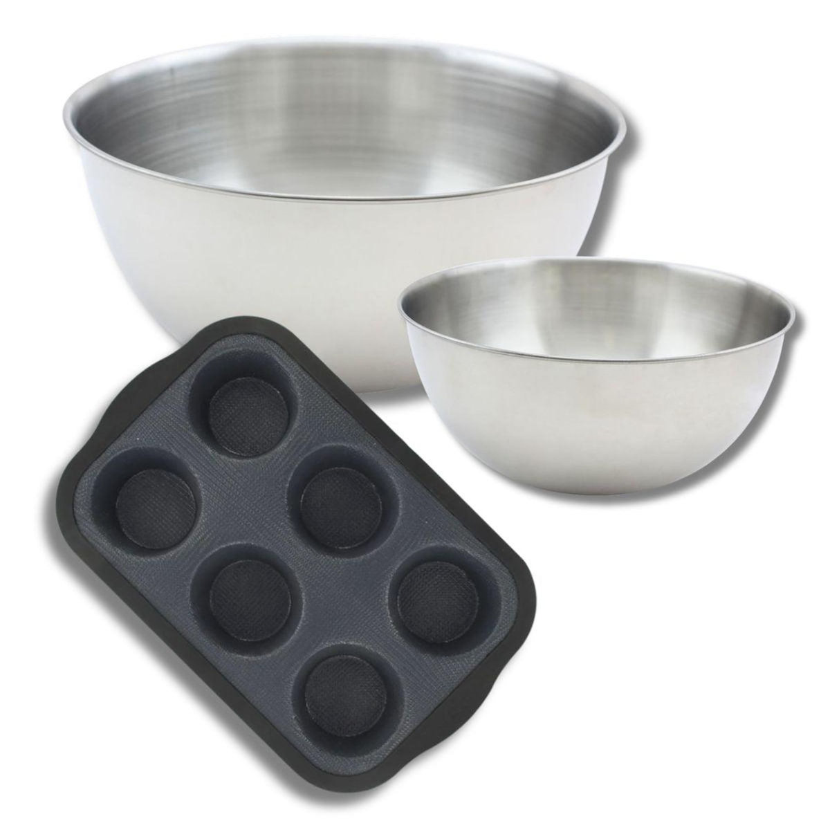 ZENKER Lot de pâtisserie avec 1 Moule à muffins en silicone fibre de verre, 1 spatule Zenker et 2 bols à mixer en inox Fackelmann