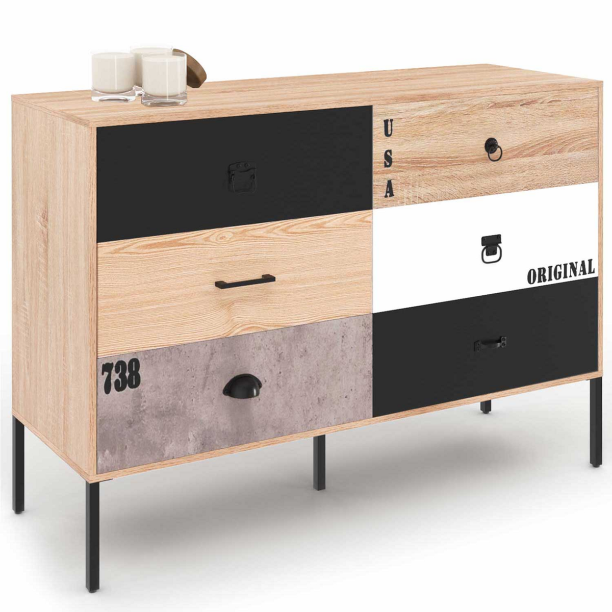 ID MARKET Commode 6 tiroirs SACRAMENTO 115 cm design industriel dépareillé