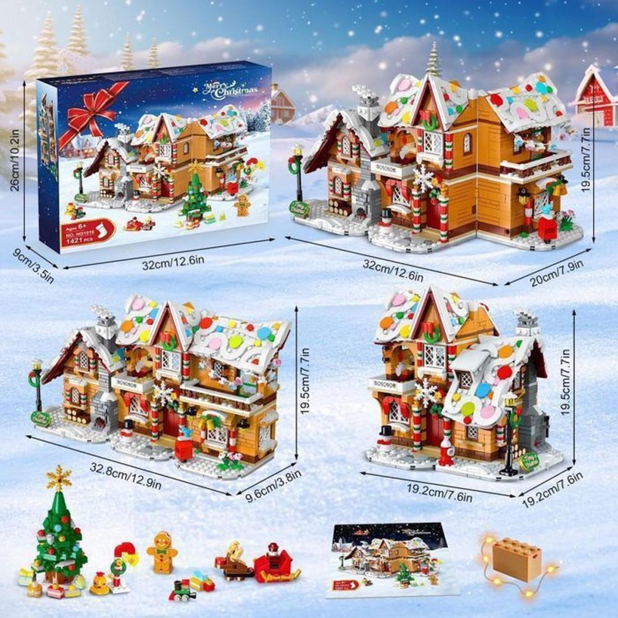 Voir la diapositive 6 : Maison de Noël en briques avec éclairage LED 1421 pièces, 3 modèles, thème pain d'épice, accessoires festifs, à monter soi-même, dès 8 ans