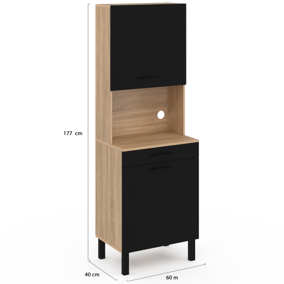 ID MARKET Buffet de cuisine 60 CM CINA 2 portes + tiroir façon hêtre et noir