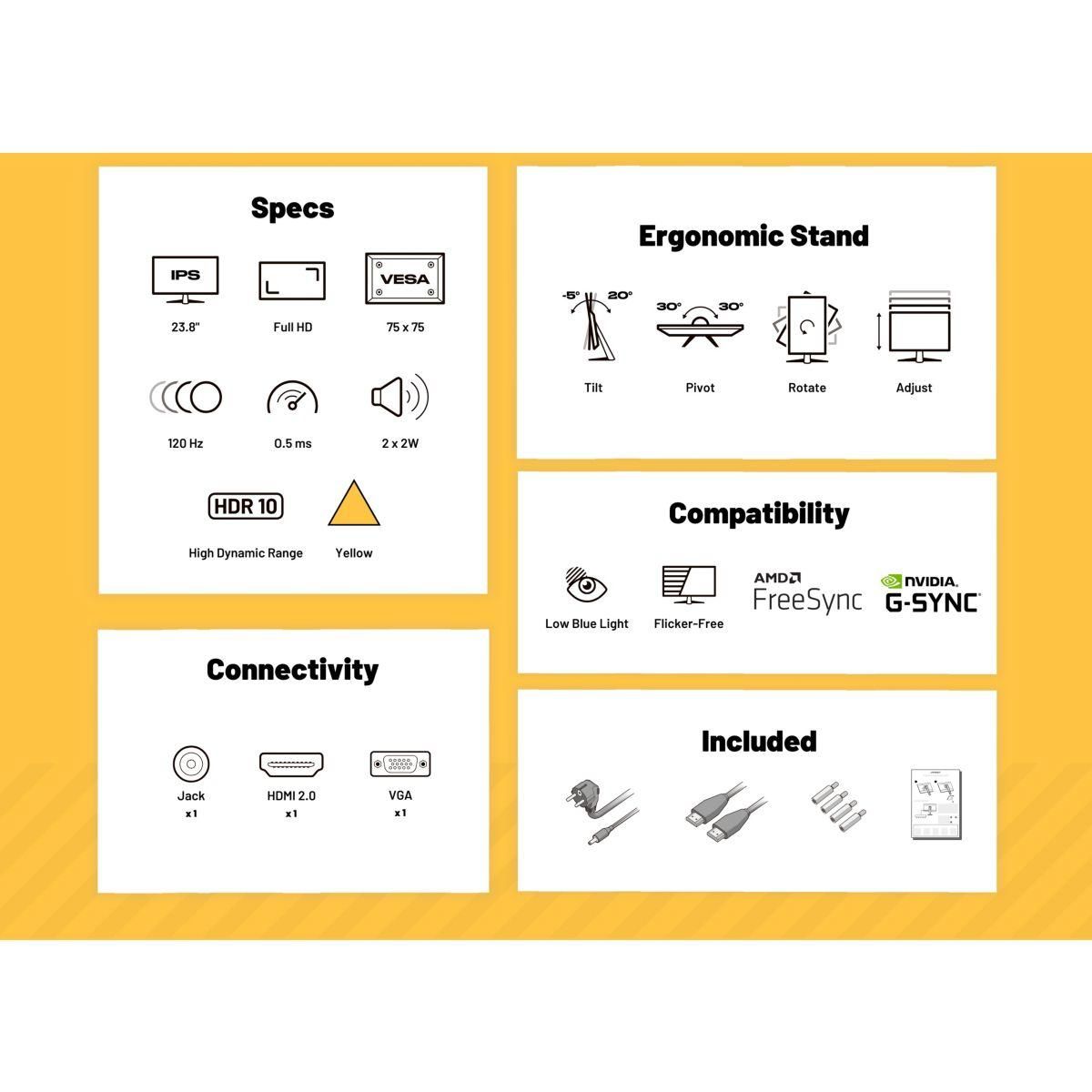 JAPANNEXT Ecran PC Gamer JN IPS238G120F HSP Jaune 24''