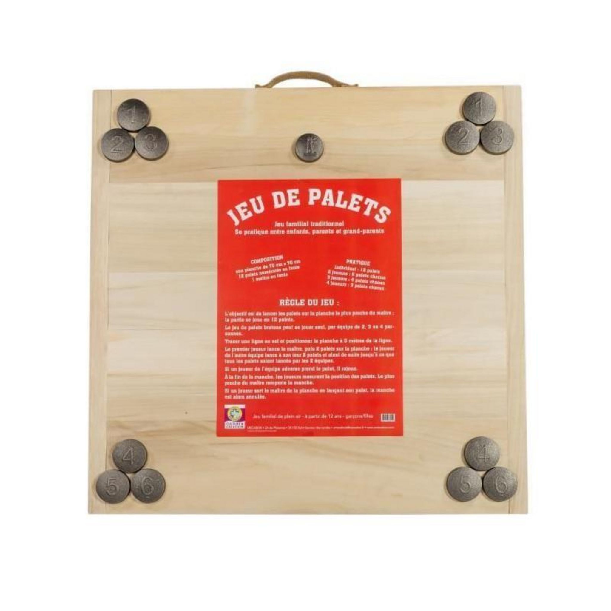 Jeu De Palet Breton Complet Jouecabois – Planche Bois 70x70 Cm, 12 Palets En Acier, Règle Incluse