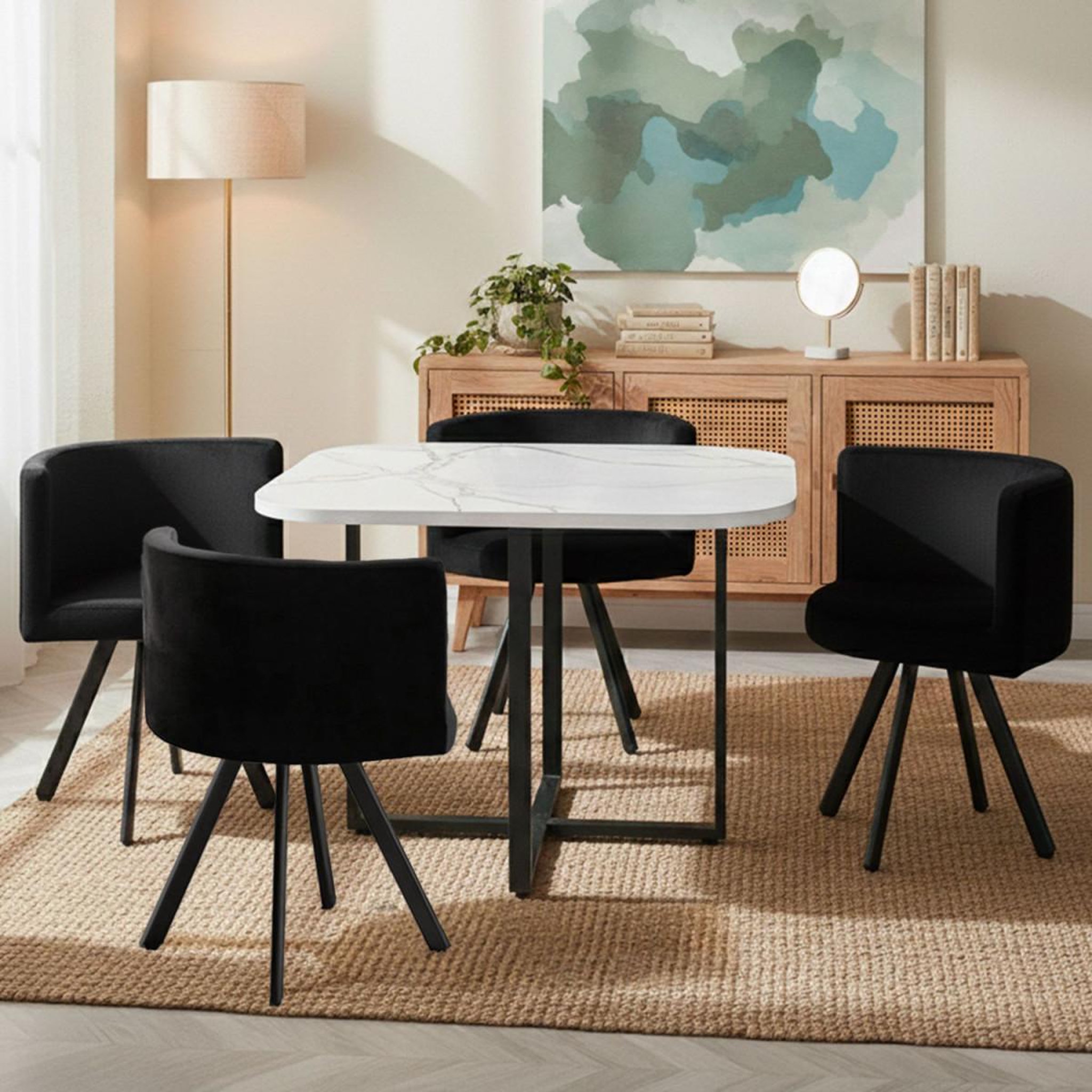 Voir la diapositive 5 : Paris Prix Ensemble table à manger & 4 chaises en velours  norway  90cm blanc & noir