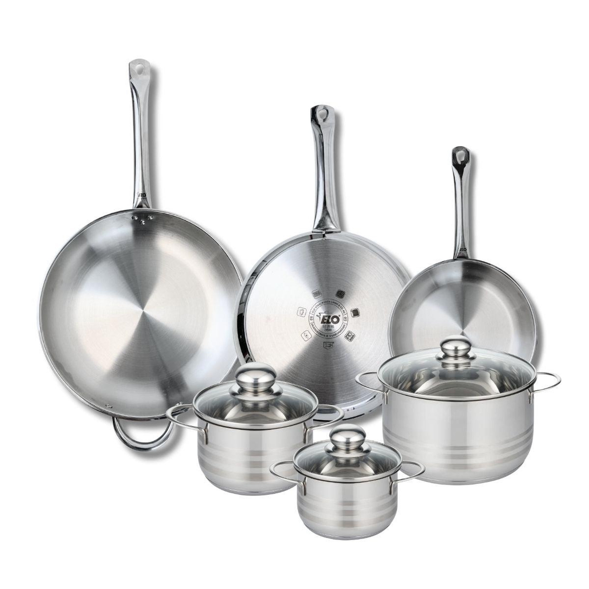 ELO Ensemble de 3 poêles de cuisson 24, 28 et 32 cm et 3 faitouts 14, 16 et 20 cm elo profi brillant