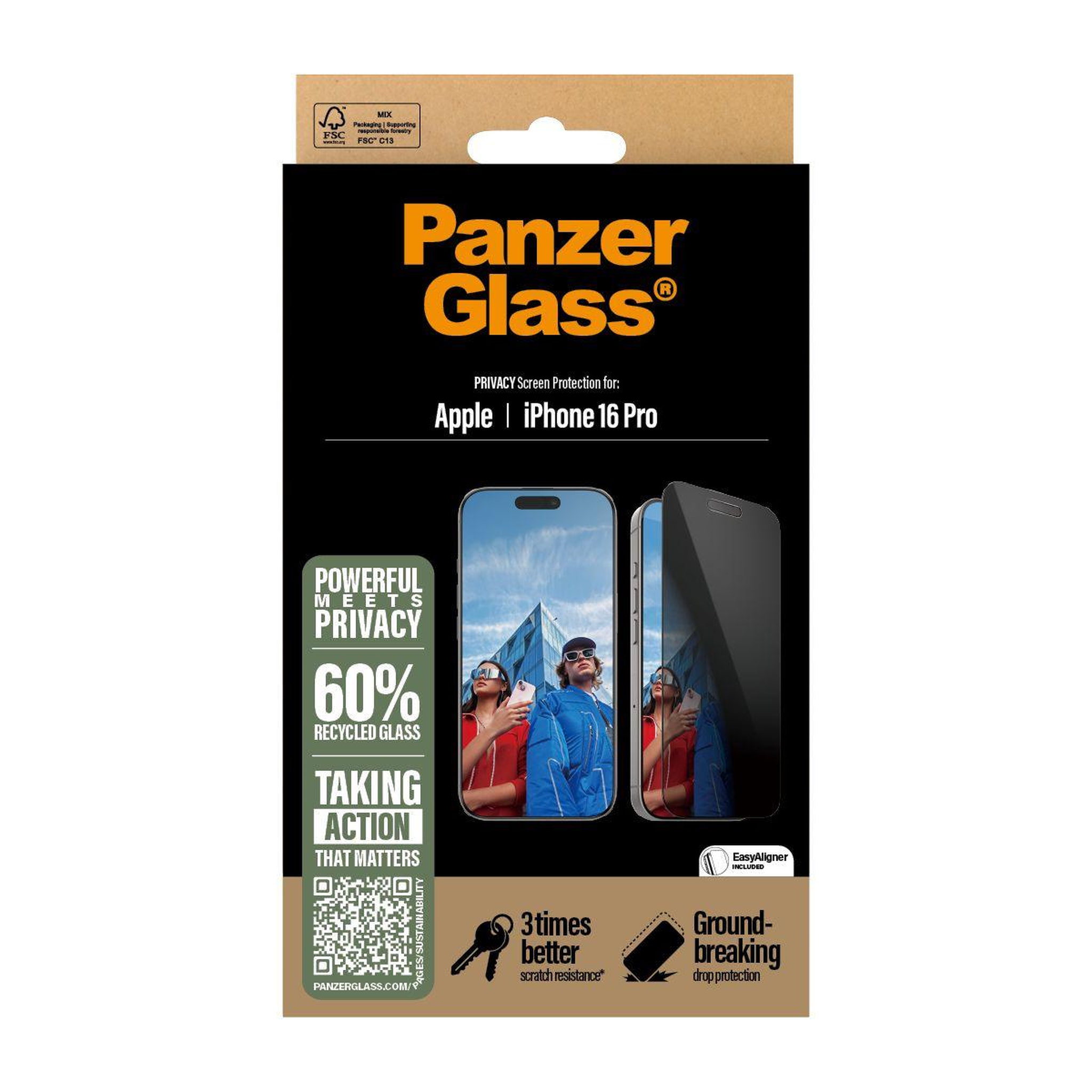 Voir la diapositive 3 : PANZERGLASS Protège écran iPhone 16 Pro Privacy verre trempé