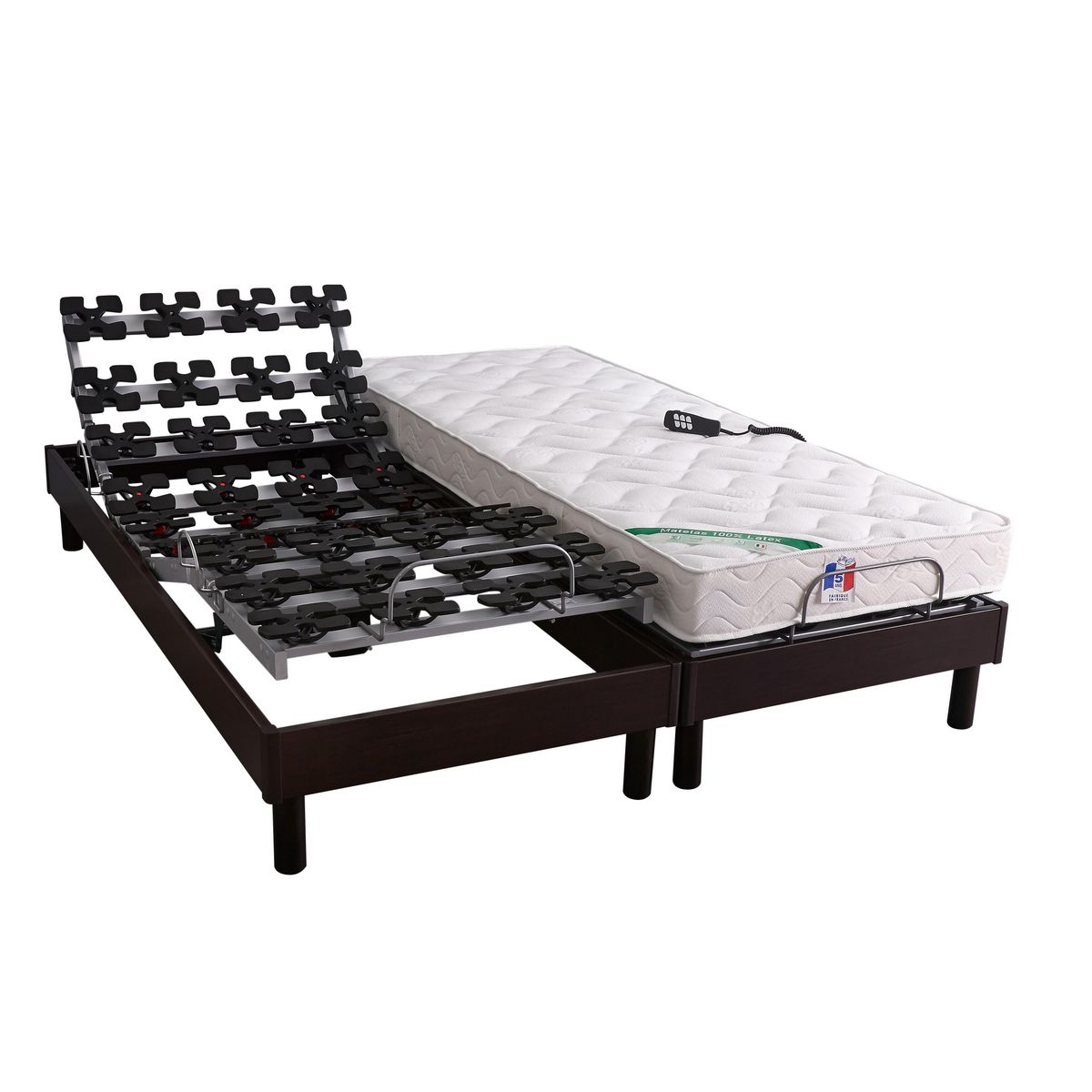 Lit relaxation électrique TPR 100% Latex alvéolé 3 zones de confort sommier tous plots 2x90x200 cm MANON