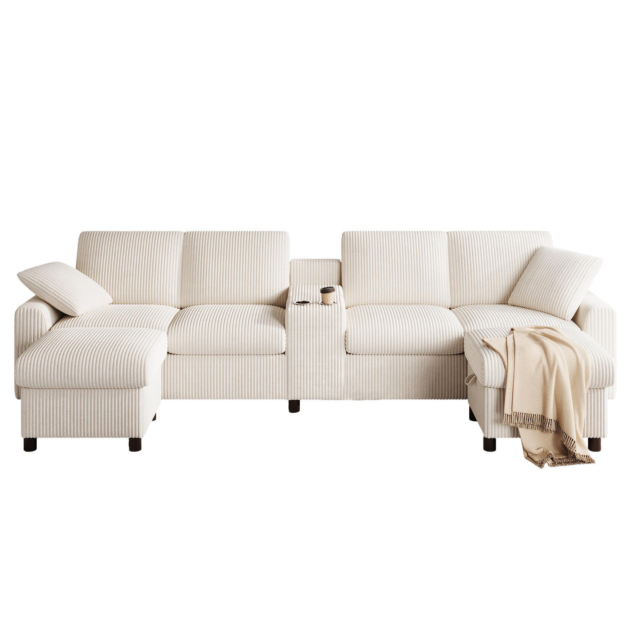 MERAX Canapé d'angle panoramique fixe 4 places tissu. Coloris disponibles : Beige, Gris