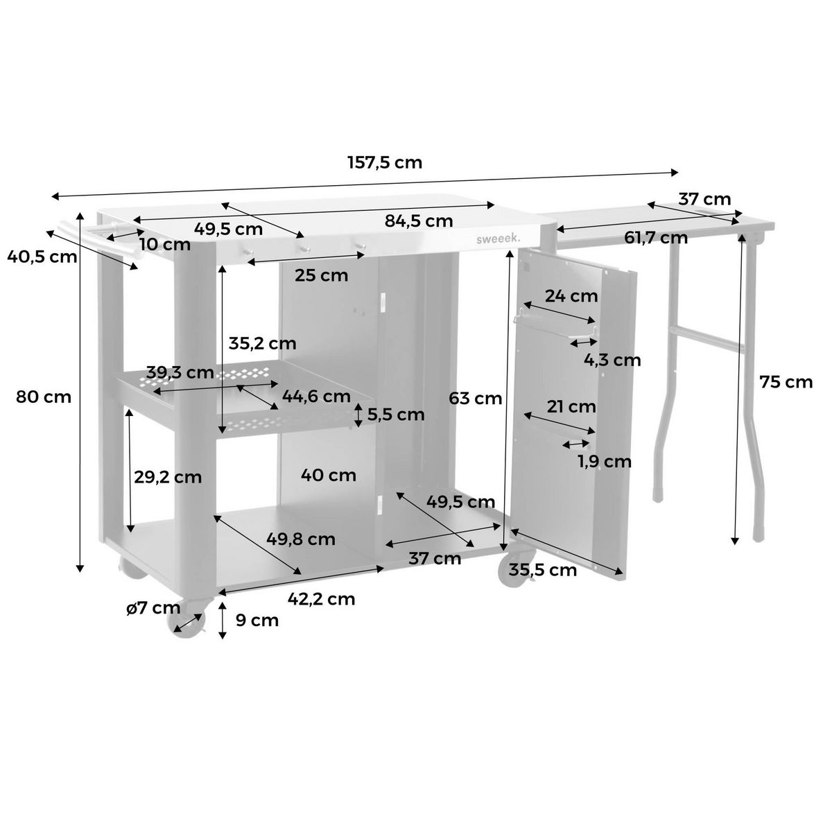 SWEEEK Desserte extérieure ANDY noire mat en acier inoxydable 94.5 cm avec tablette rabattable. L 156 x l 49.5 x H 80 cm