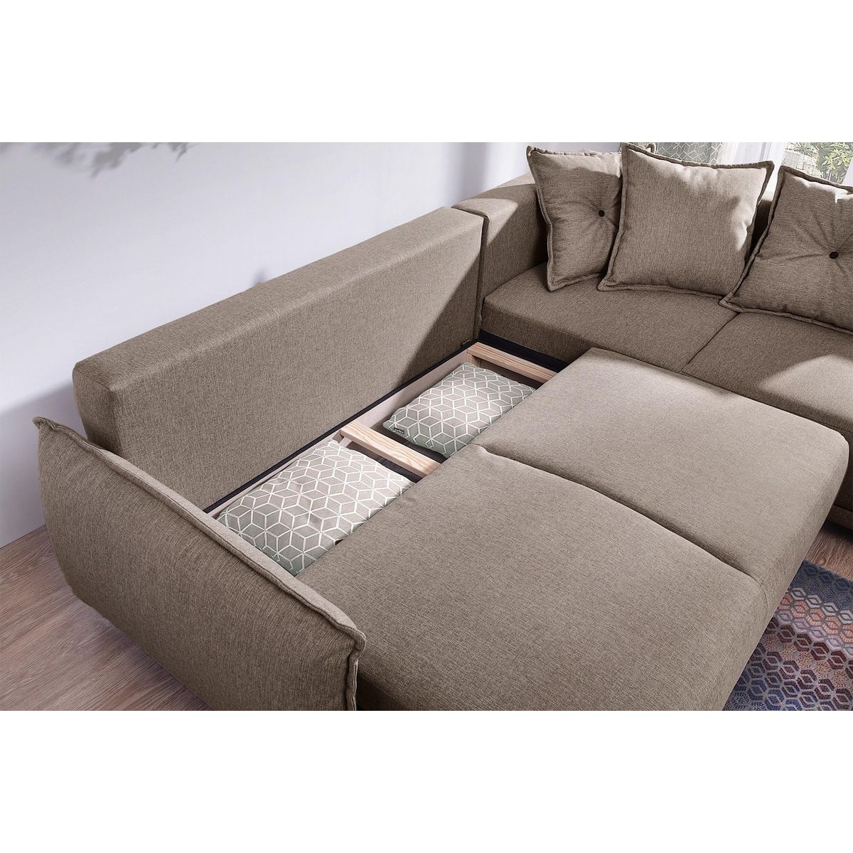 BEST MOBILIER Lena - canapé d'angle droit convertible- 5 places - latte - style scandinave - café latte