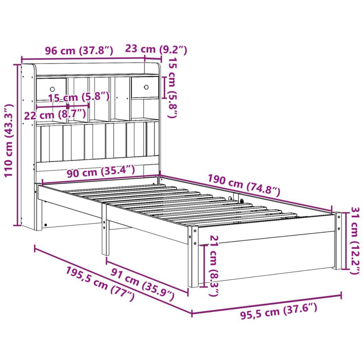 VIDAXL Lit bibliotheque sans matelas 90x190 cm bois de pin massif