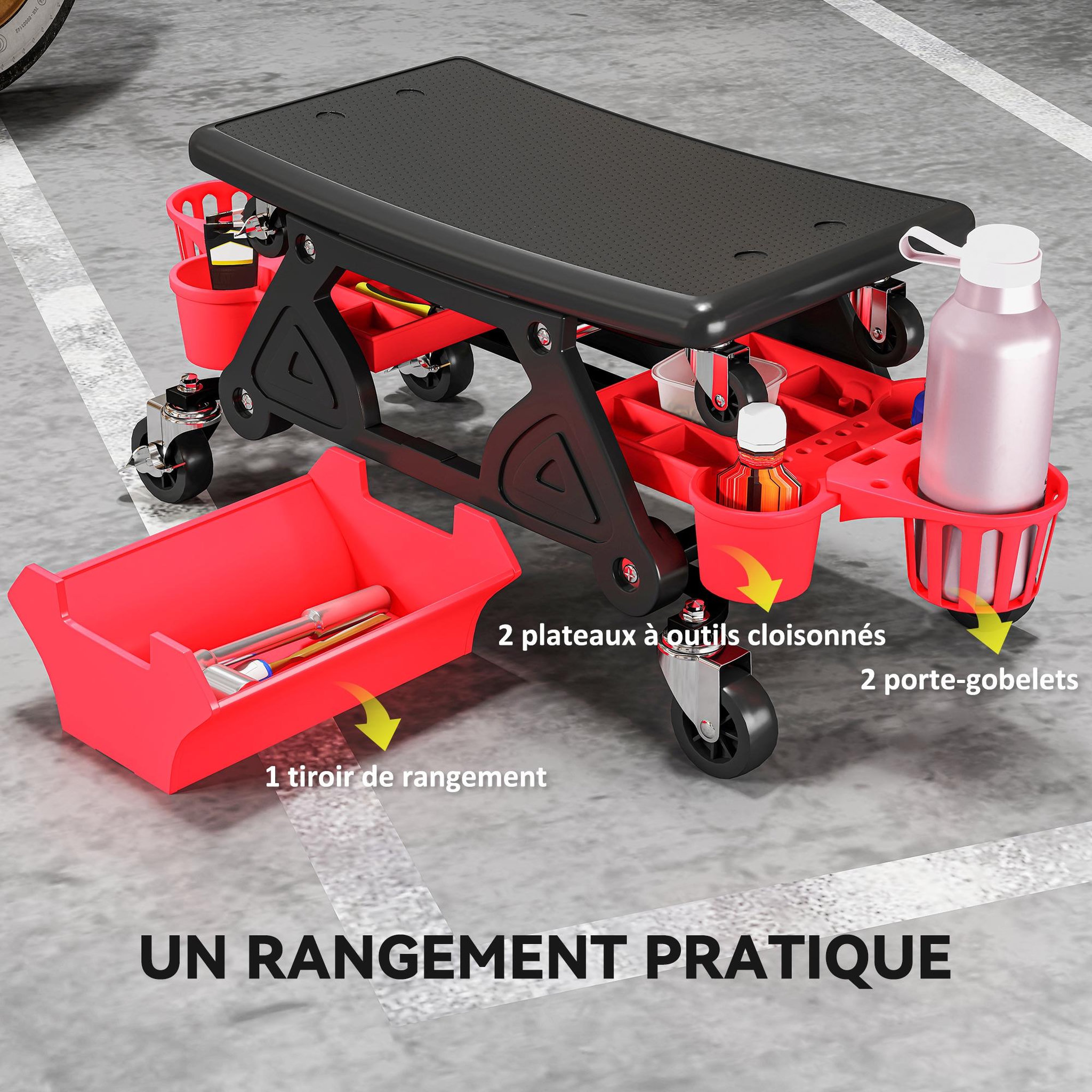 Voir la diapositive 5 : HOMCOM Tabouret d'atelier mobile chariot de mécanicien 2 en 1 - 3 plateaux outils - noir rouge