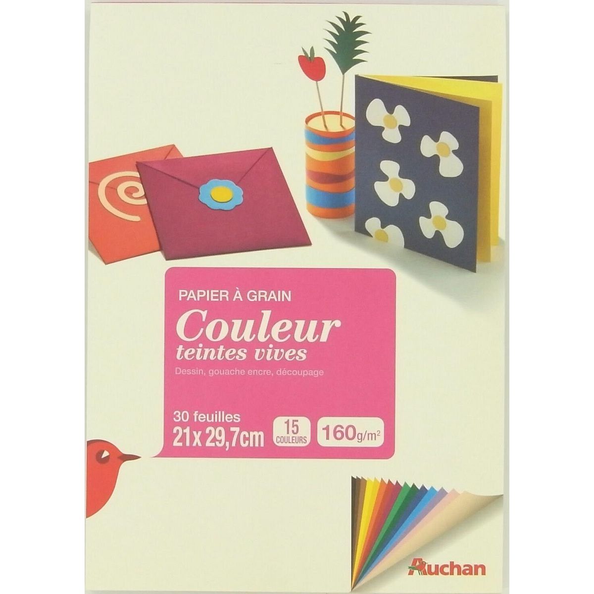 AUCHAN Pochette papier à dessin à grain A4 - 30 feuilles - 160g couleurs vives