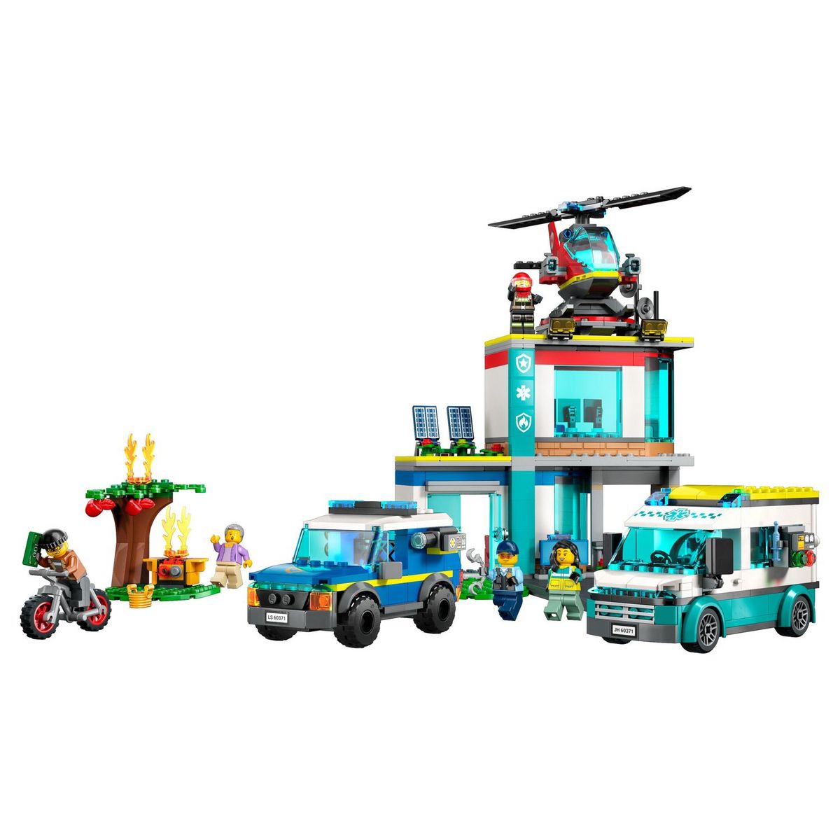 LEGO City 60371 Le QG des véhicules d'urgences, avec Hélicoptère de Pompier, Jouet Camion Ambulance, Moto et Voiture de Police