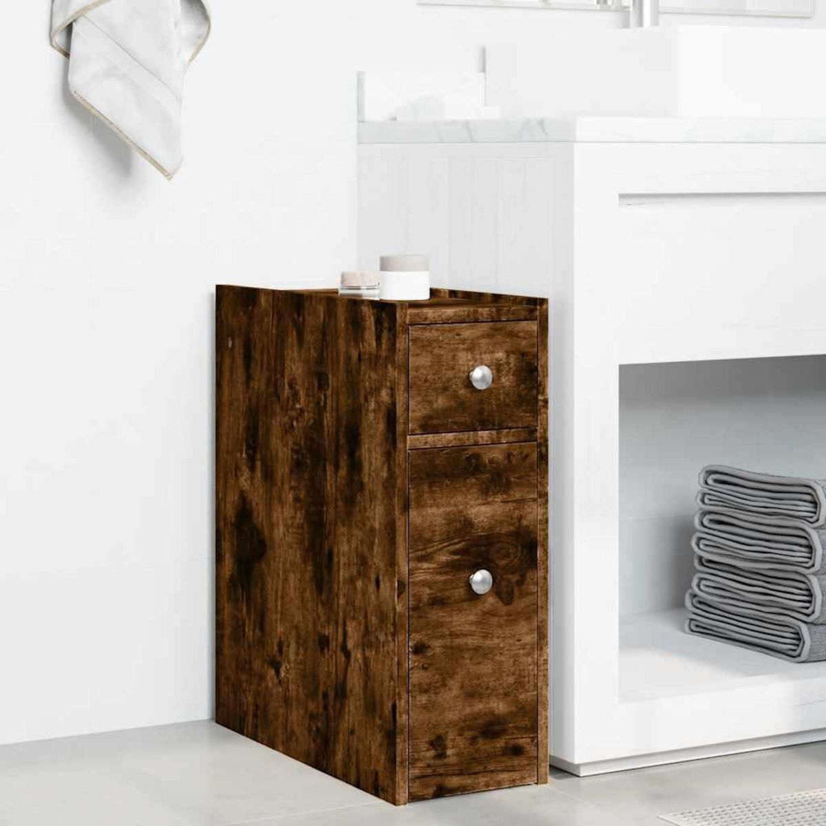 VIDAXL Armoire de salle de bain etroite avec roulettes chene fume