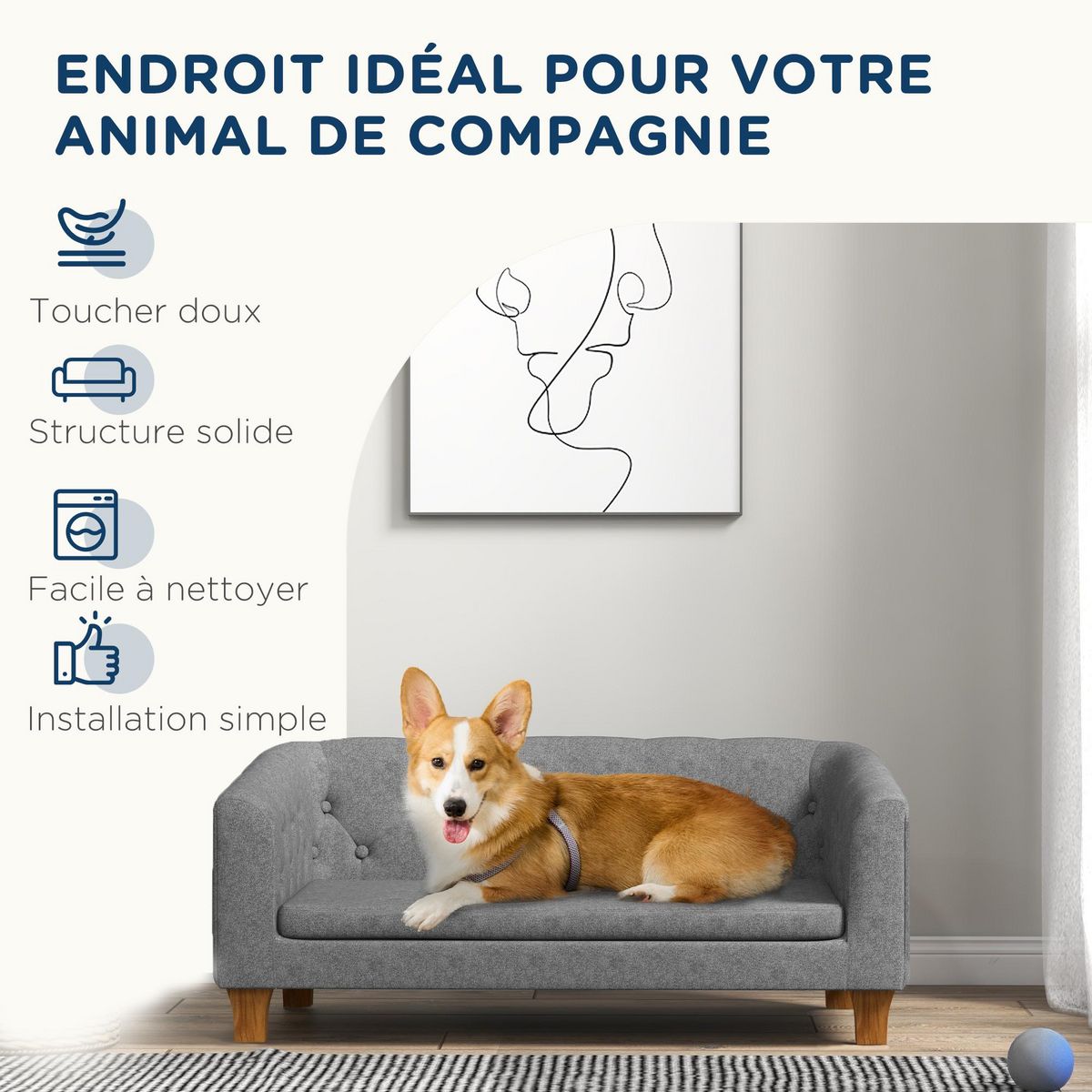 PAWHUT Canapé chien lit pour chien style Chesterfield dossier capitonné coussin moelleux pieds bois polyester gris