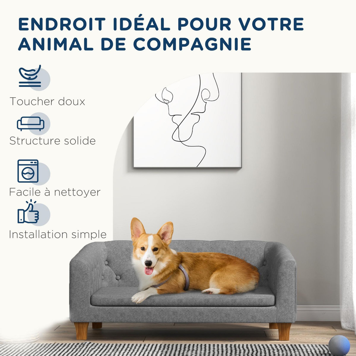 PAWHUT Canapé chien lit pour chien style Chesterfield dossier capitonné coussin moelleux pieds bois polyester gris