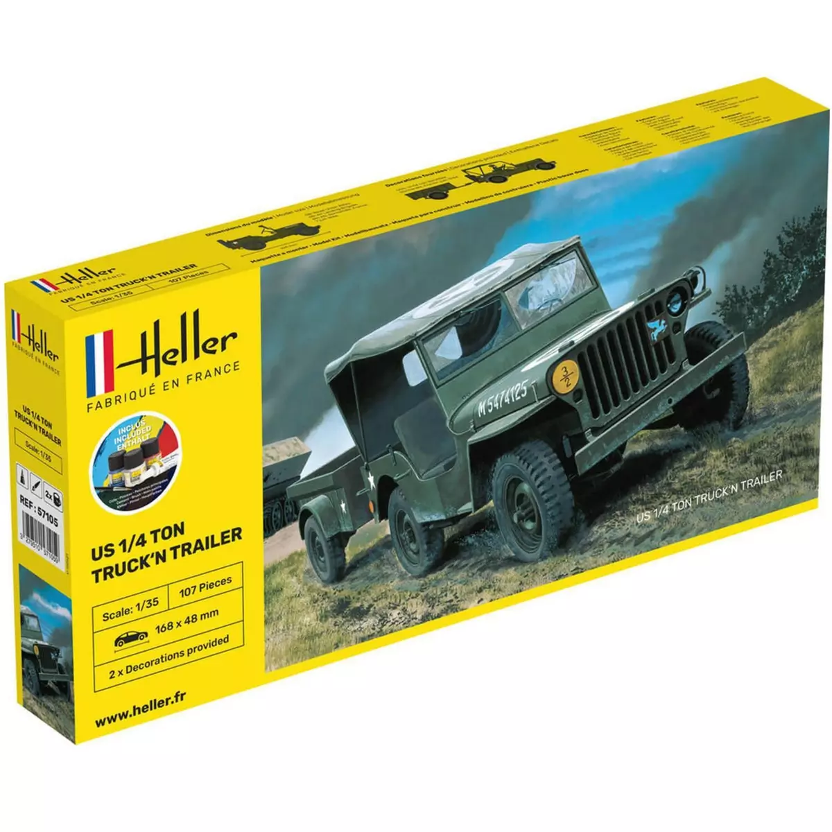 Heller Maquette véhicule militaire : Starter Kit : US 1/4 Ton Truck'N Trailer