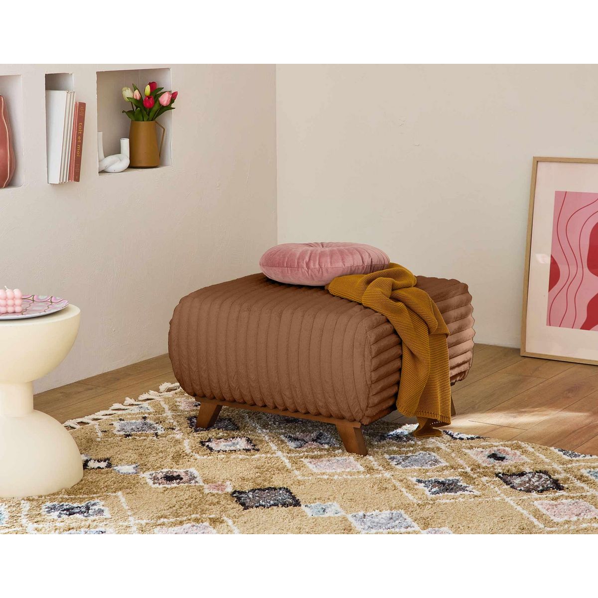 BEST MOBILIER Cristal - canapé 3 places - convertible avec coffre et pouf - en fausse fourrure côtelée