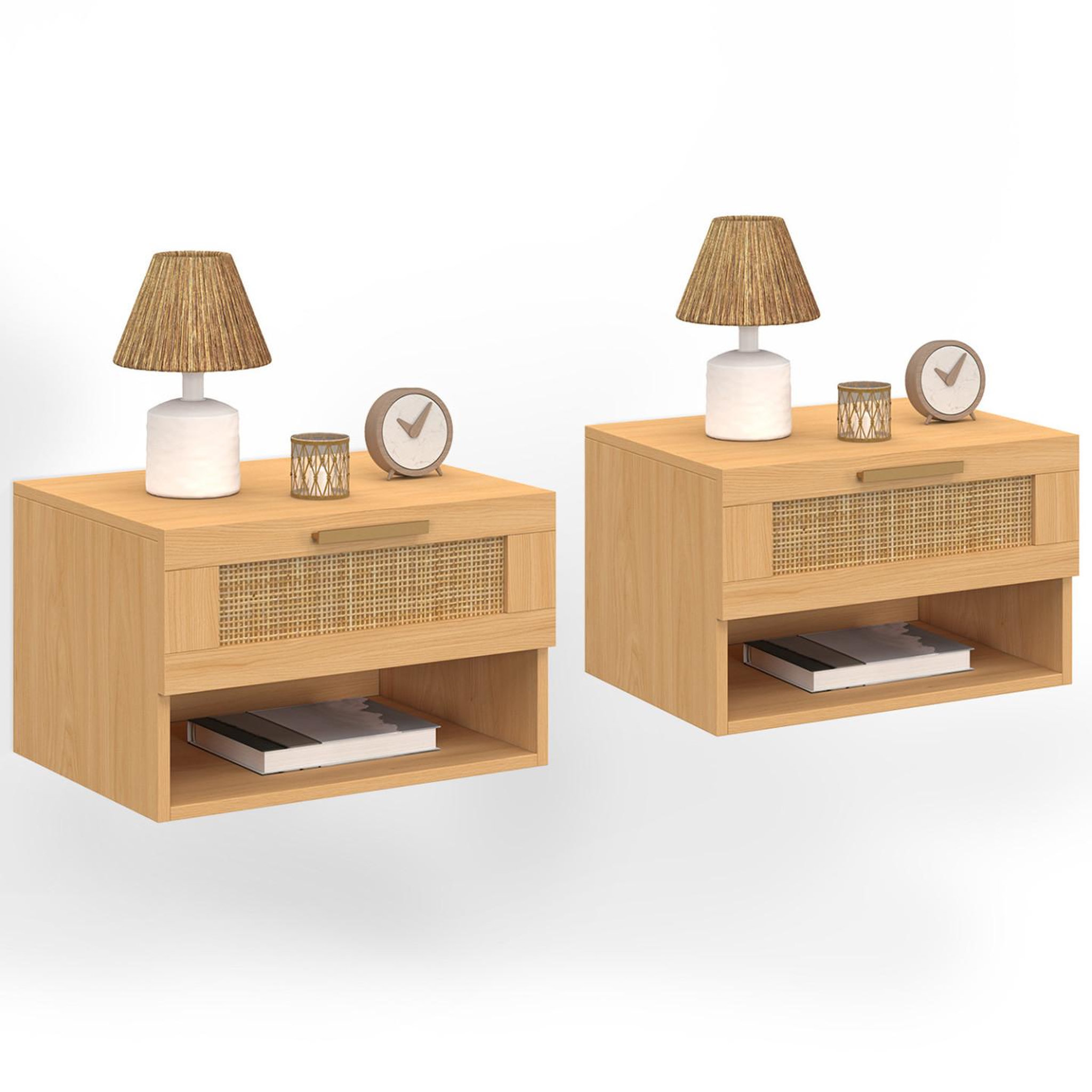 ID MARKET Lot de 2 tables de chevet murales robert 1 tiroir avec niche effet naturel cannage et bois