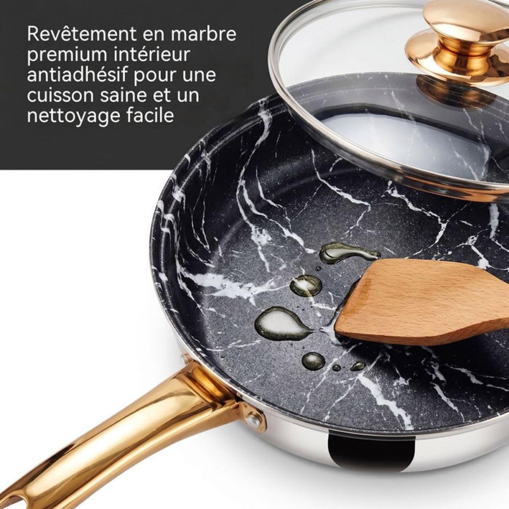 Voir la diapositive 3 : Ensemble de casseroles et poêles en acier inoxydable 201 6 pièces avec couvercles verre teinté finition dorée