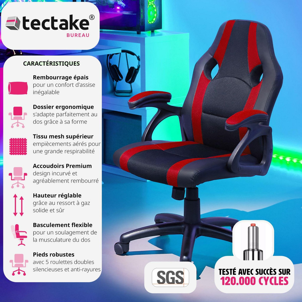 tectake Chaise de bureau à forme ergonomique noir/rouge