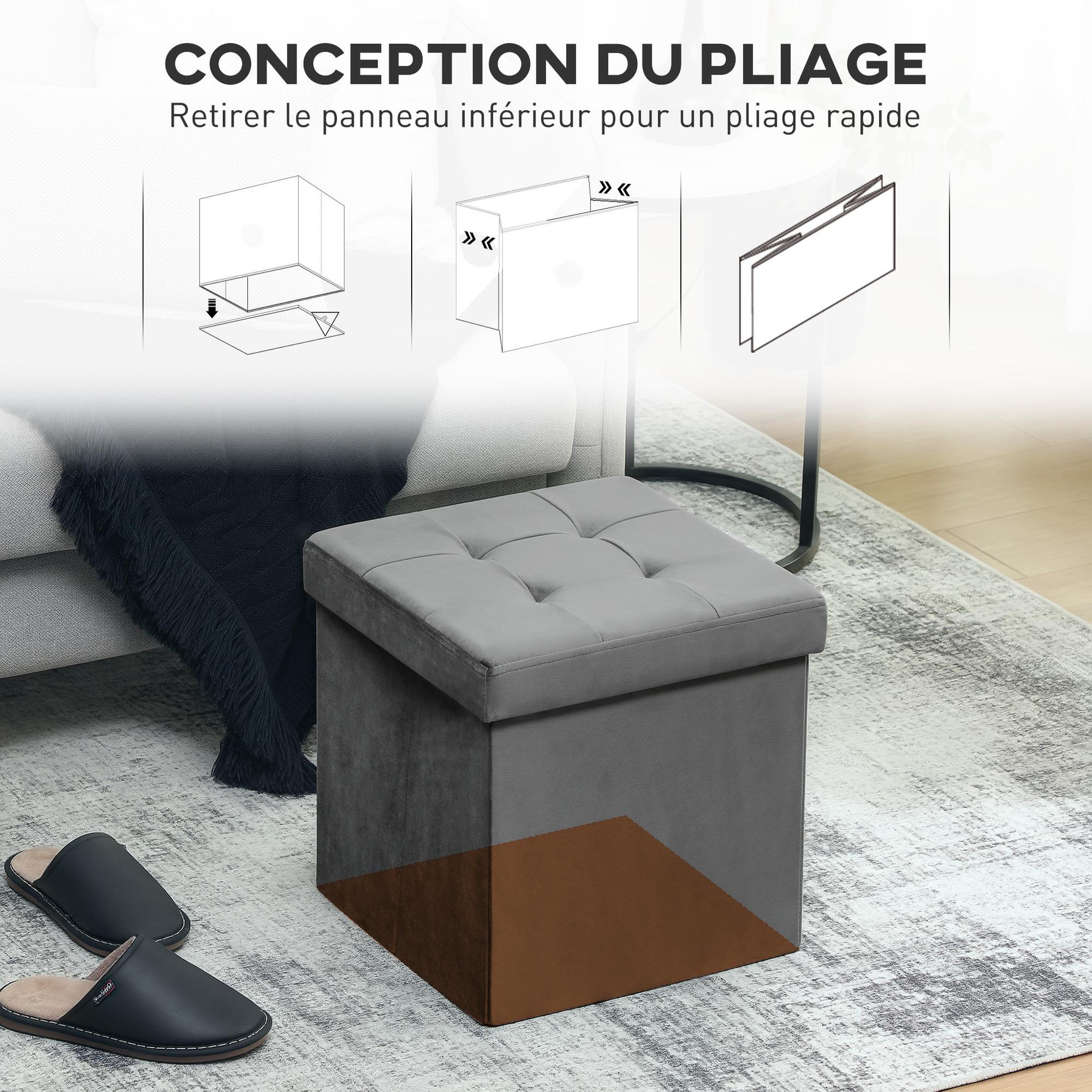 Voir la diapositive 4 : HOMCOM Pouf coffre velours effet capitonné pliable - pouf de rangement - dim. 38x38x38cm - gris