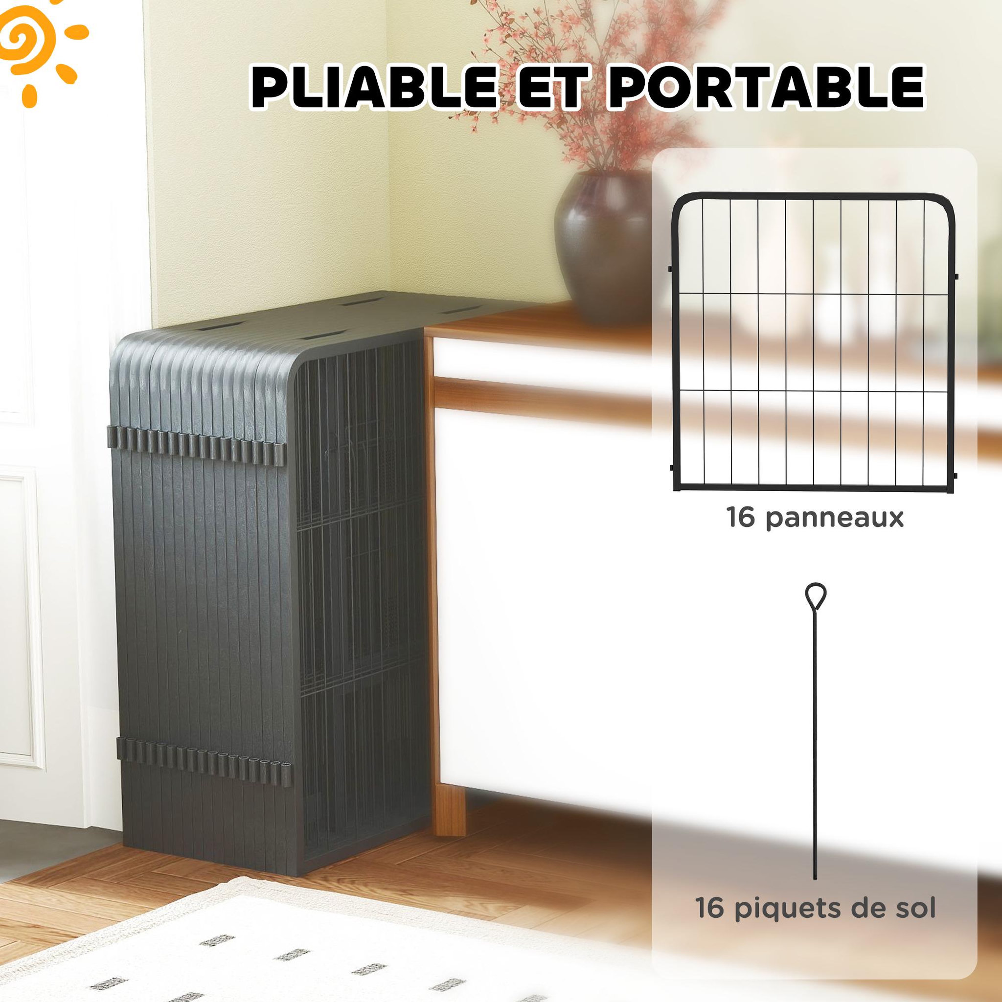Voir la diapositive 6 : PAWHUT Parc enclos chien 16 panneaux modulables pliable porte verrouillable acier époxy noir
