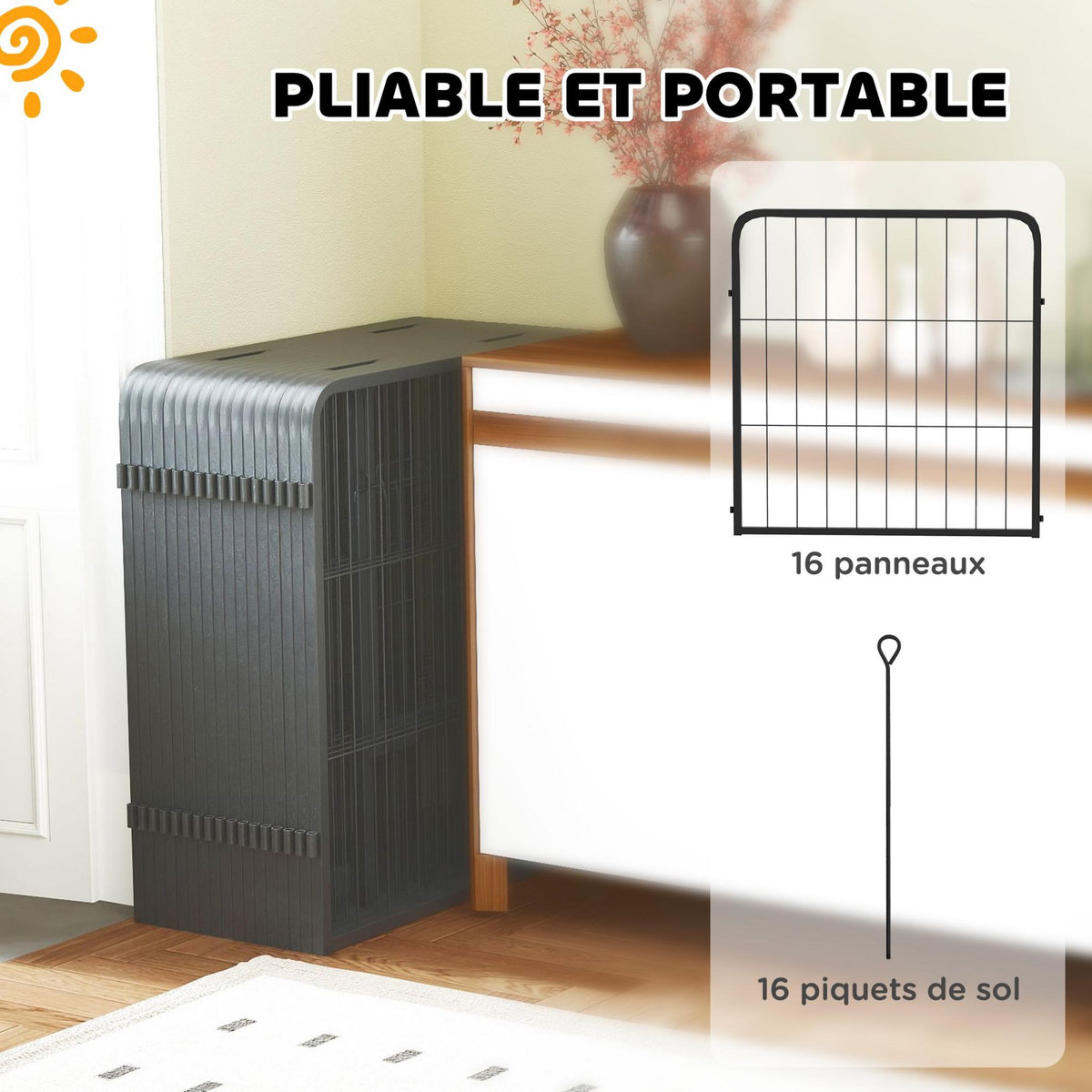 PAWHUT Parc enclos chien 16 panneaux modulables pliable porte verrouillable acier époxy noir