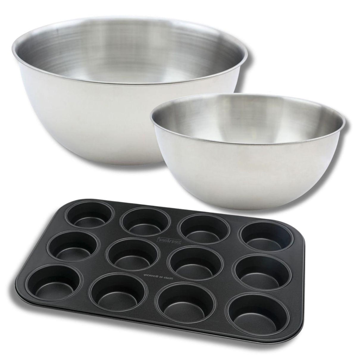 ZENKER Lot comprenant 1 Moule à Muffins 12 empreintes, 1 spatule Zenker et 2 bols à mixer en inox Fackelmann