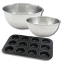 Voir la diapositive 1 : ZENKER Lot comprenant 1 Moule à Muffins 12 empreintes, 1 spatule Zenker et 2 bols à mixer en inox Fackelmann