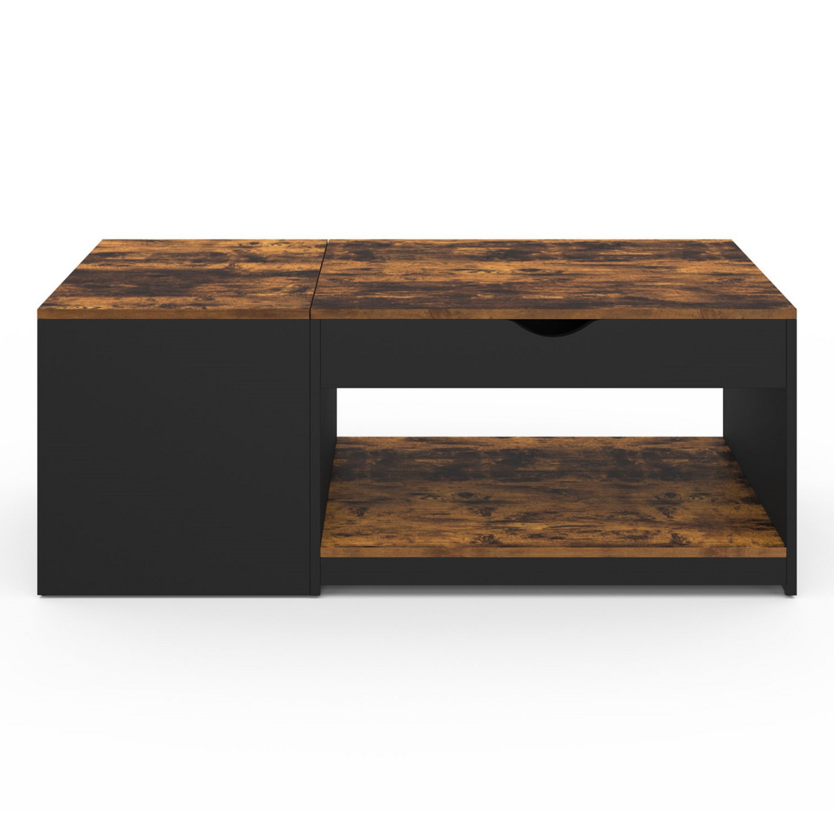ID MARKET Table basse 2 plateaux relevables EYLA avec coffre bois foncé effet vieilli et noir
