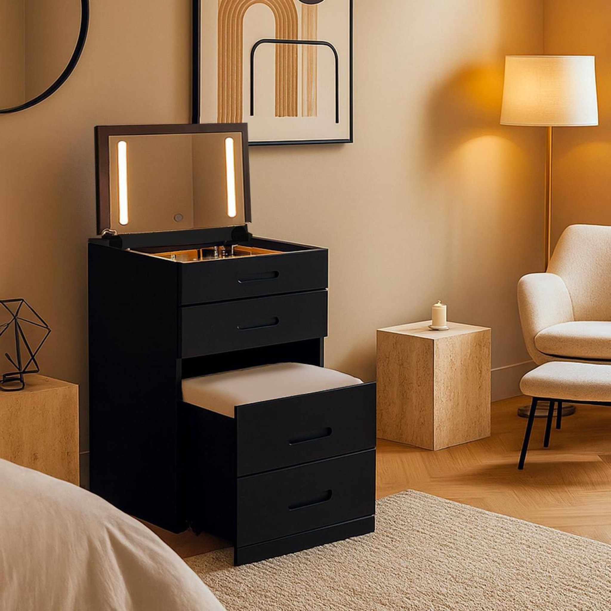 Voir la diapositive 5 : Paris Prix Coiffeuse compacte avec miroir led  clarissa xl  80cm noir