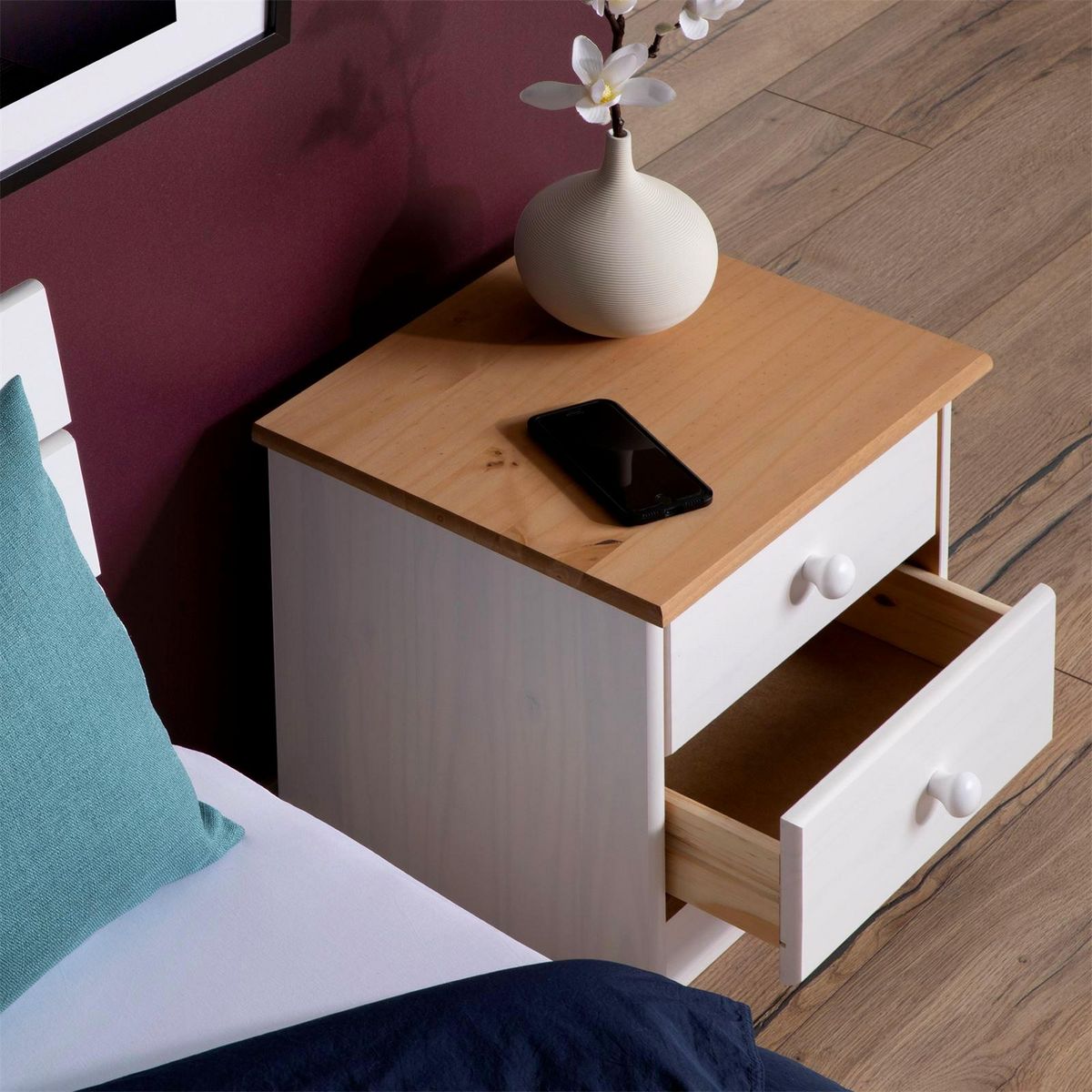 IDIMEX Table de chevet en pin RONDO, 2 tiroirs