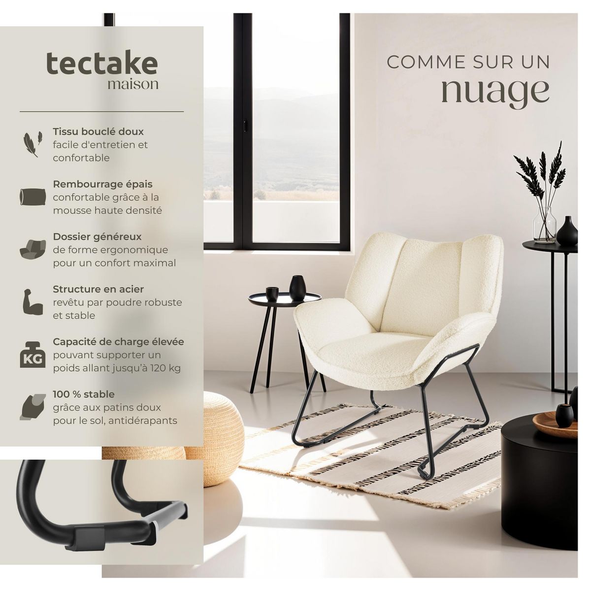tectake Fauteuil rembourré avec revêtement bouclé crème-blanc