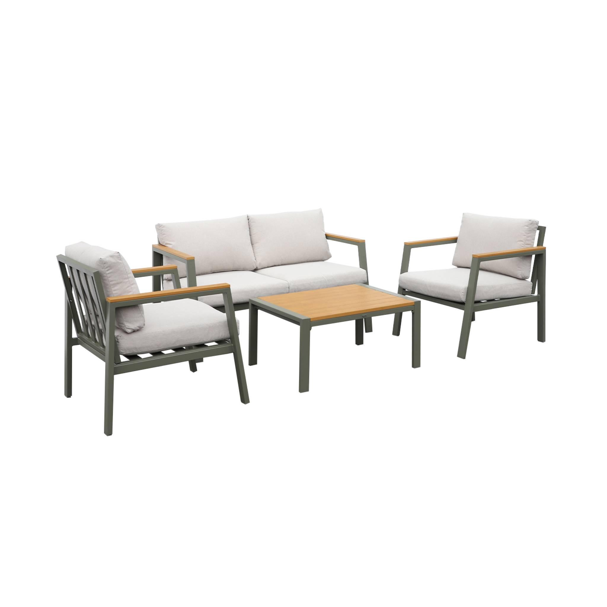 Voir la diapositive 1 : SWEEEK Salon de jardin Casoria, aluminium et polywood 4 places, 1 canapé, 2 fauteuils, 1 table basse